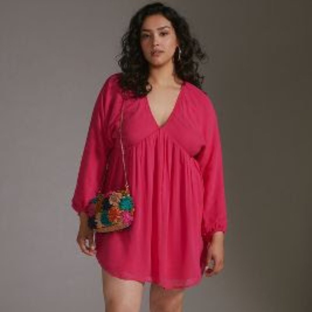 Anthropologie Pink V‑Neck Balloon‑Sleeve Mini Dress